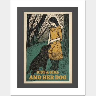 Just a girl and her dog, vintage, retro illustration Posters and Art